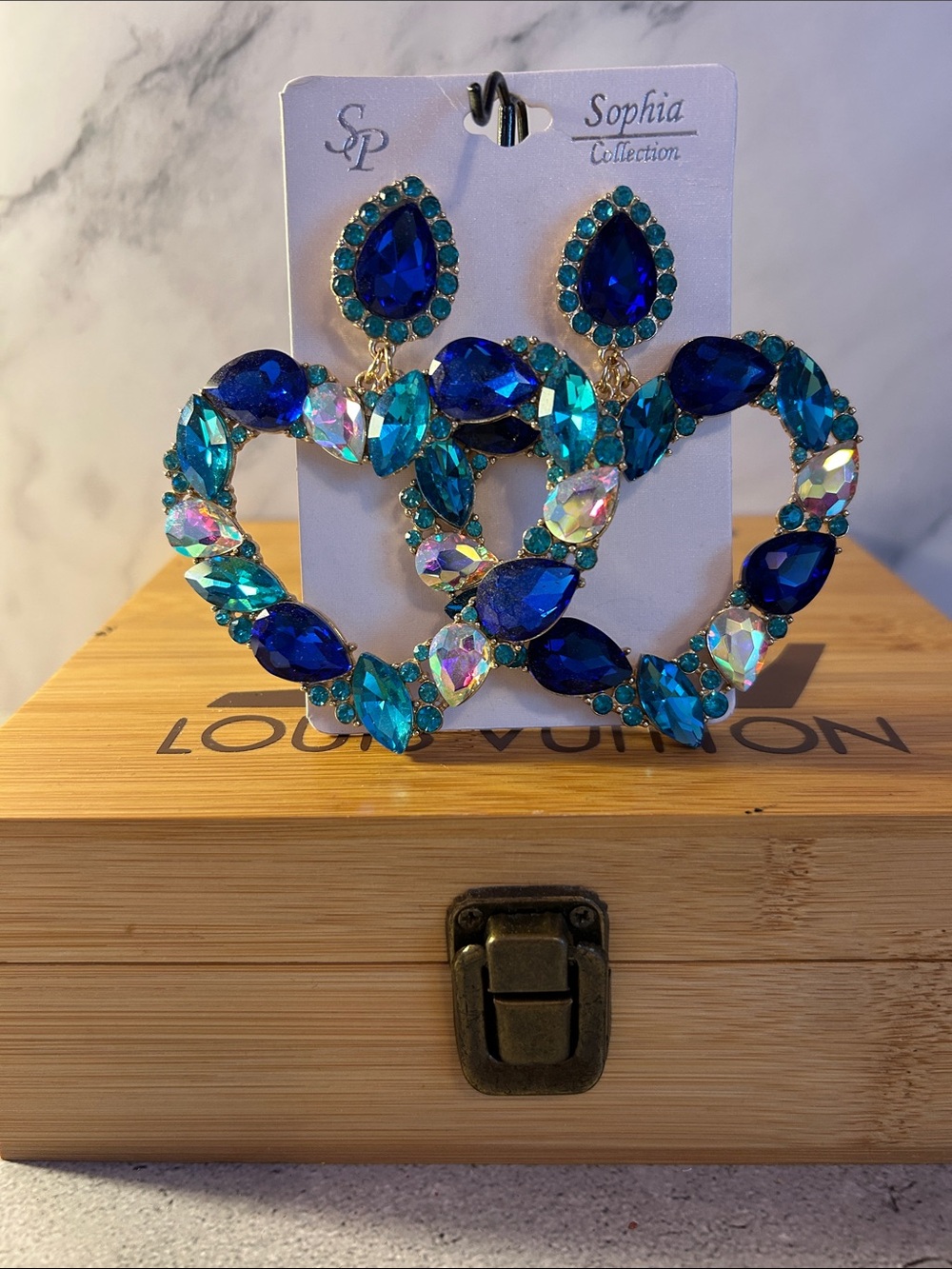 Sophia Collection Blue Crystal Heart Hoop Earrings